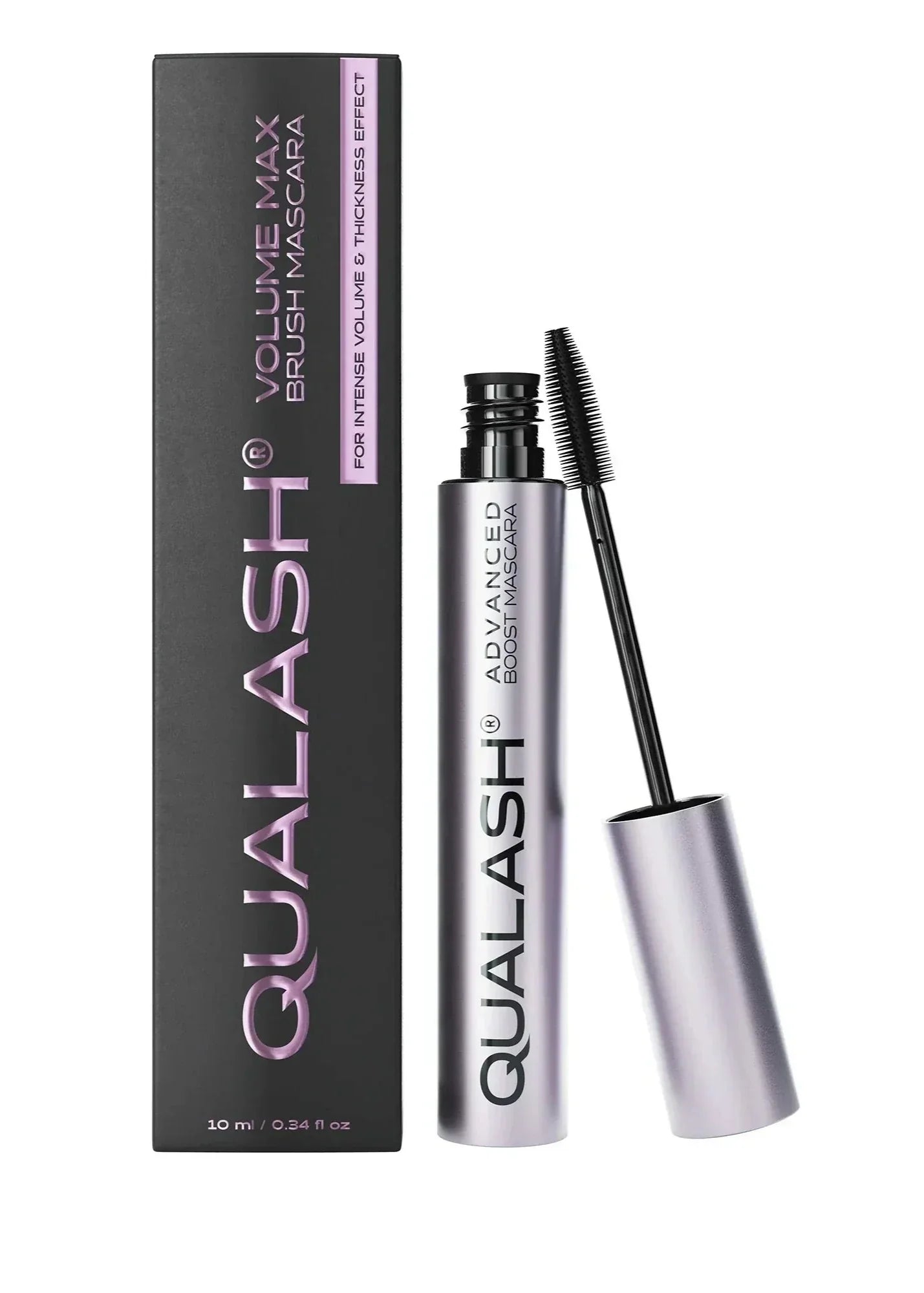 Open QUALASH® Advanced Mascara Volume Max 10 ml with product box and visible curved brush