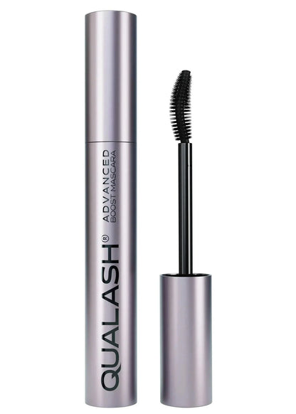 QUALASH Advanced Mascara Curl &amp; Lift 10 ml with visible curved silicone brush on white background
