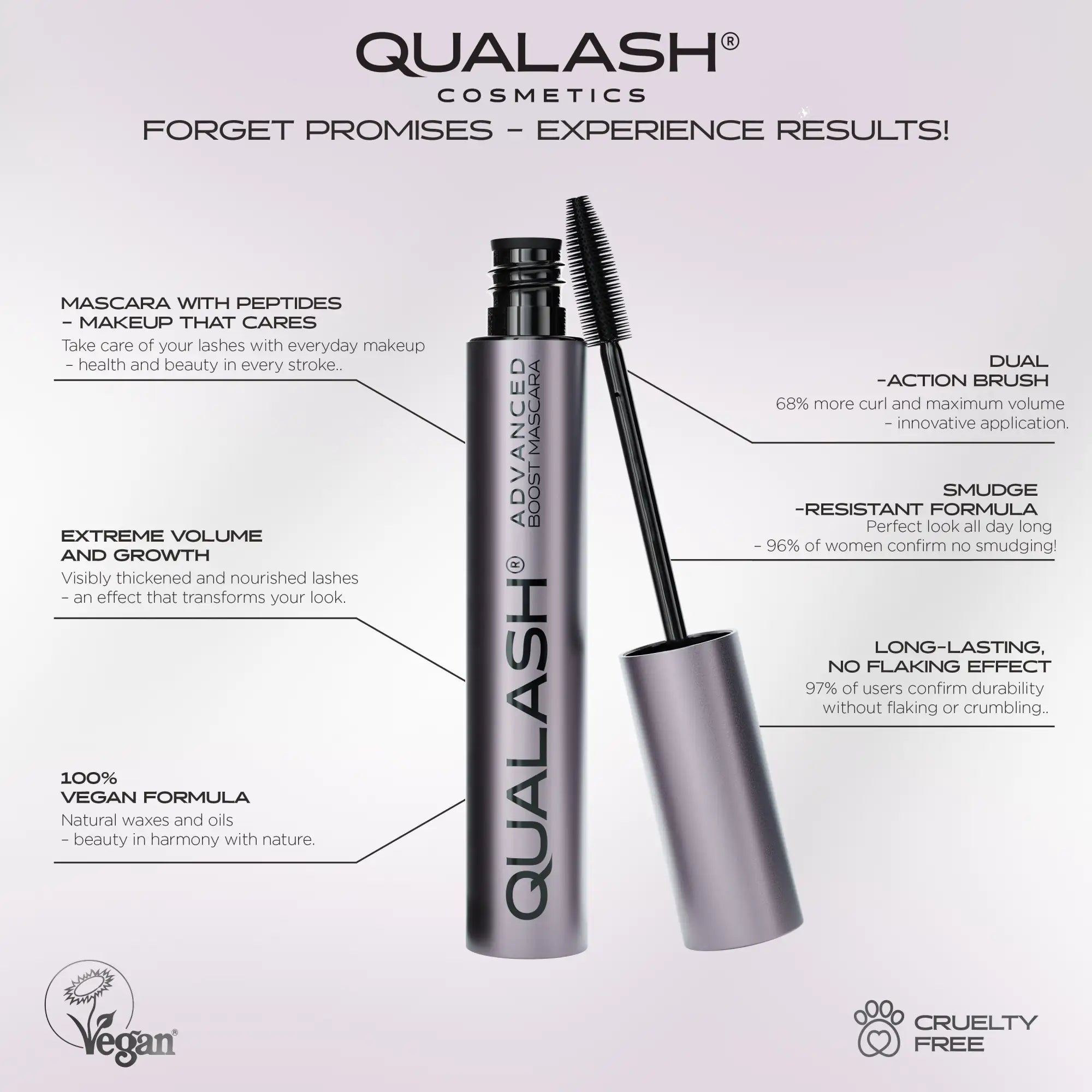 Silver cylindrical tube of qualash advanced boost mascara with black brush and cap, featuring a sleek metallic finish.